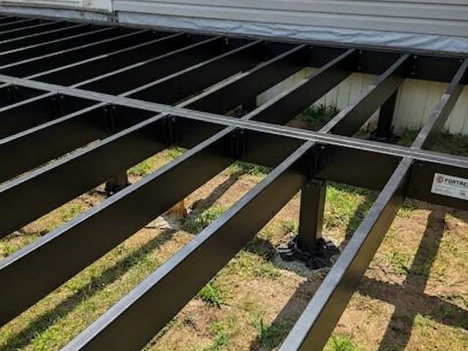 Freestanding Fortress Evolution steel deck frame with the beam carried on its own posts beside the house, no ledger board attached to the wall