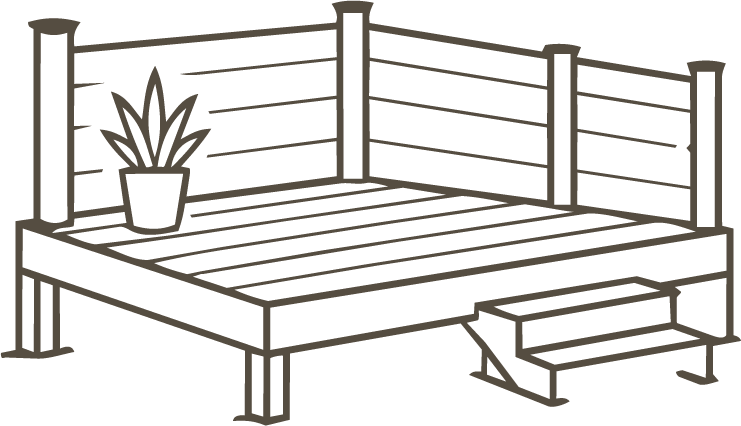 Line drawing of a wooden deck with a potted plant in the corner and a small set of stairs leading up to it.