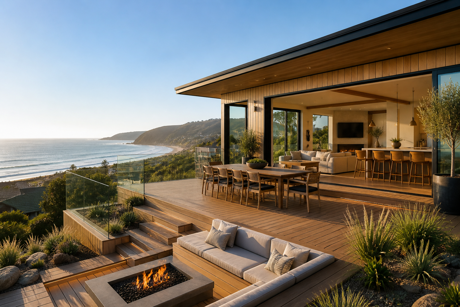 Modern coastal home with expansive ocean view, outdoor dining area, and fire feature on wooden deck.