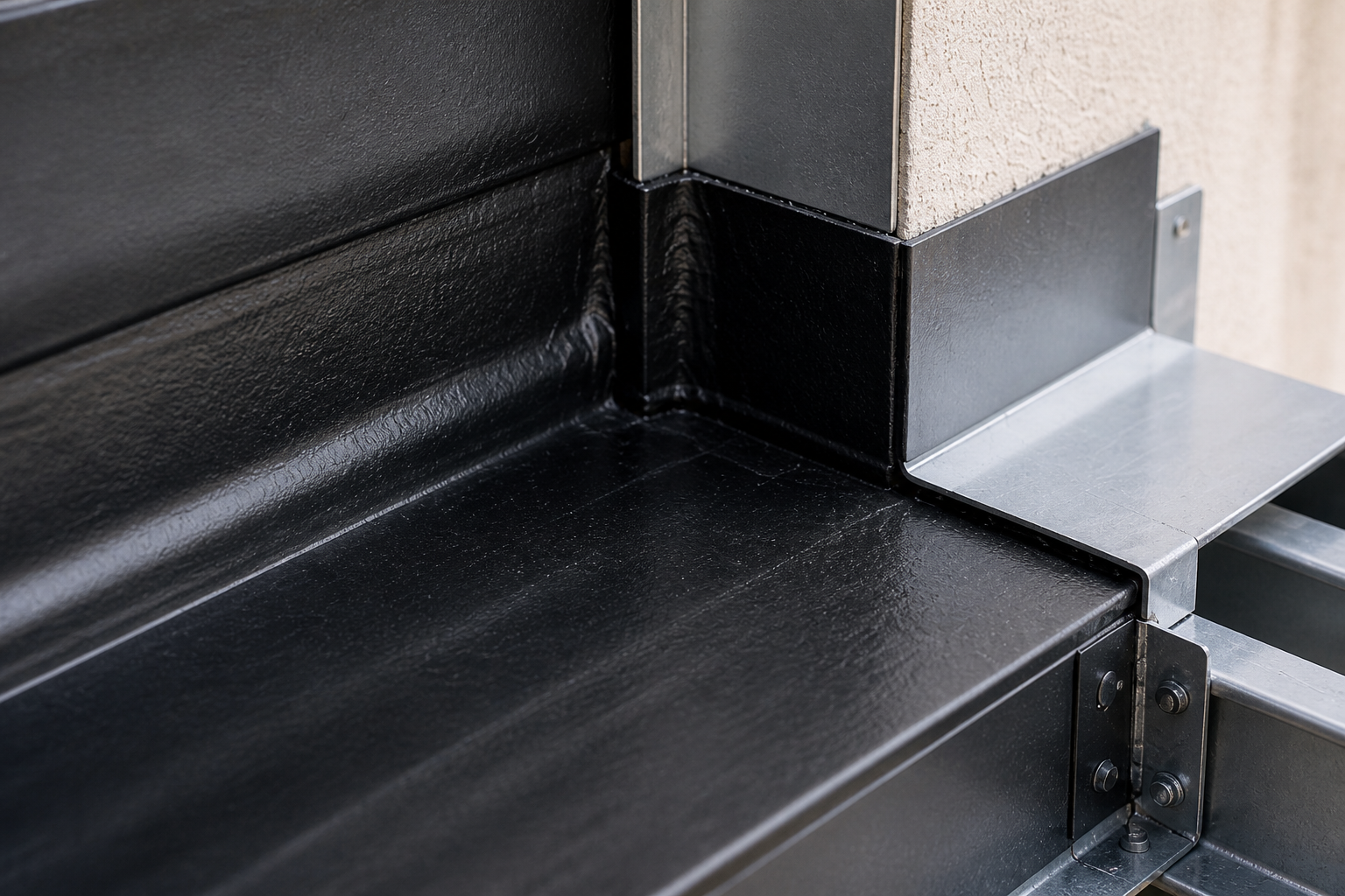 Close-up of a corner of a black metal outdoor grill with a silver aluminum shelf and a beige stucco wall in the background.