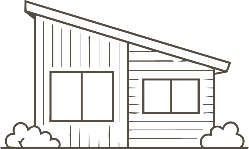 Line drawing of a modern house with a sloped roof, two windows, and bushes in front.