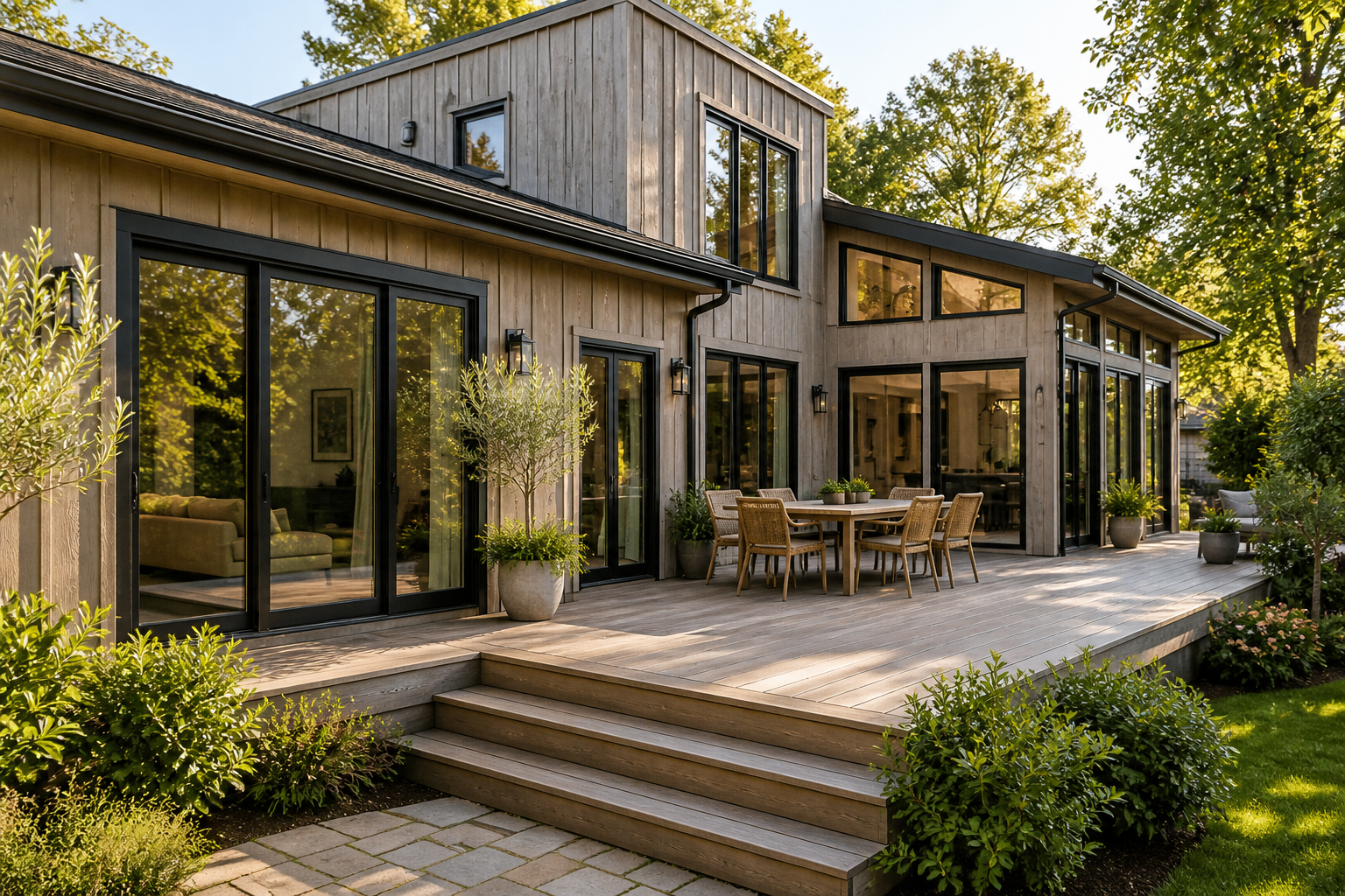 Modern house with large glass sliding doors and a wooden patio with outdoor furniture and potted plants, surrounded by trees and greenery.