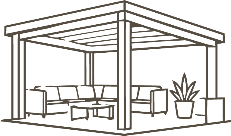 Line drawing of an outdoor patio with two sofas, a coffee table, potted plant, and a pergola structure.