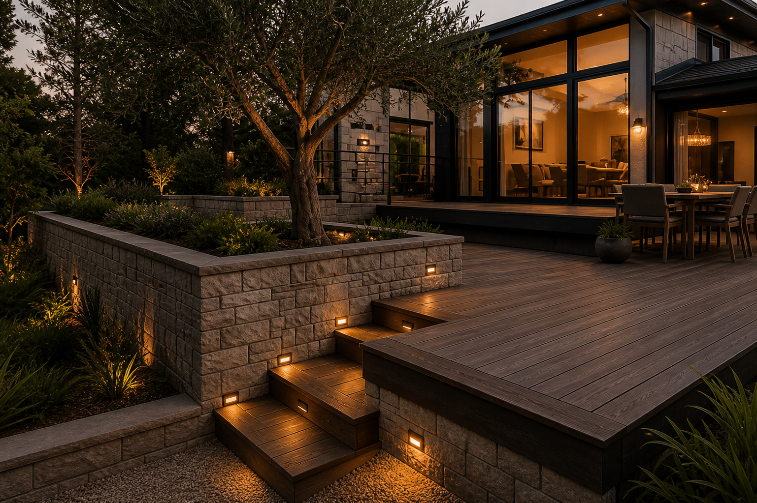 Exterior view of a modern house featuring a wooden deck, built-in steps with lighting, a large tree, and a patio dining area, illuminated at dusk.