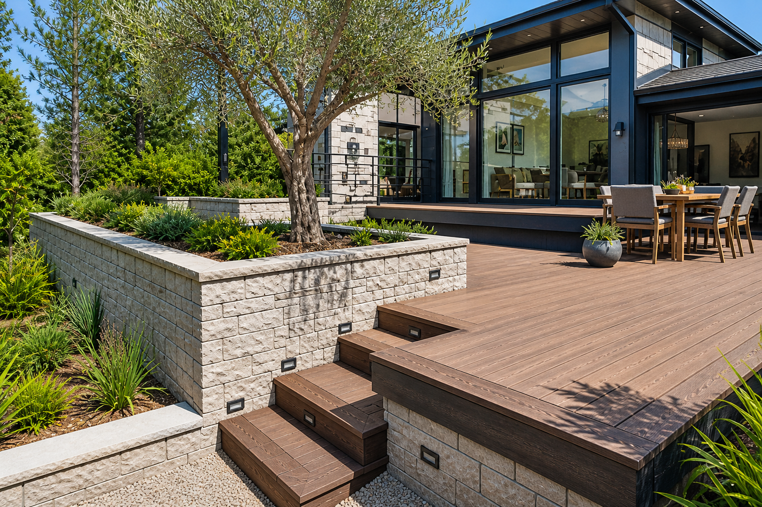 Modern house with large glass windows and a spacious wooden deck, outdoor dining table, landscaped garden with a tree, and surrounding greenery.