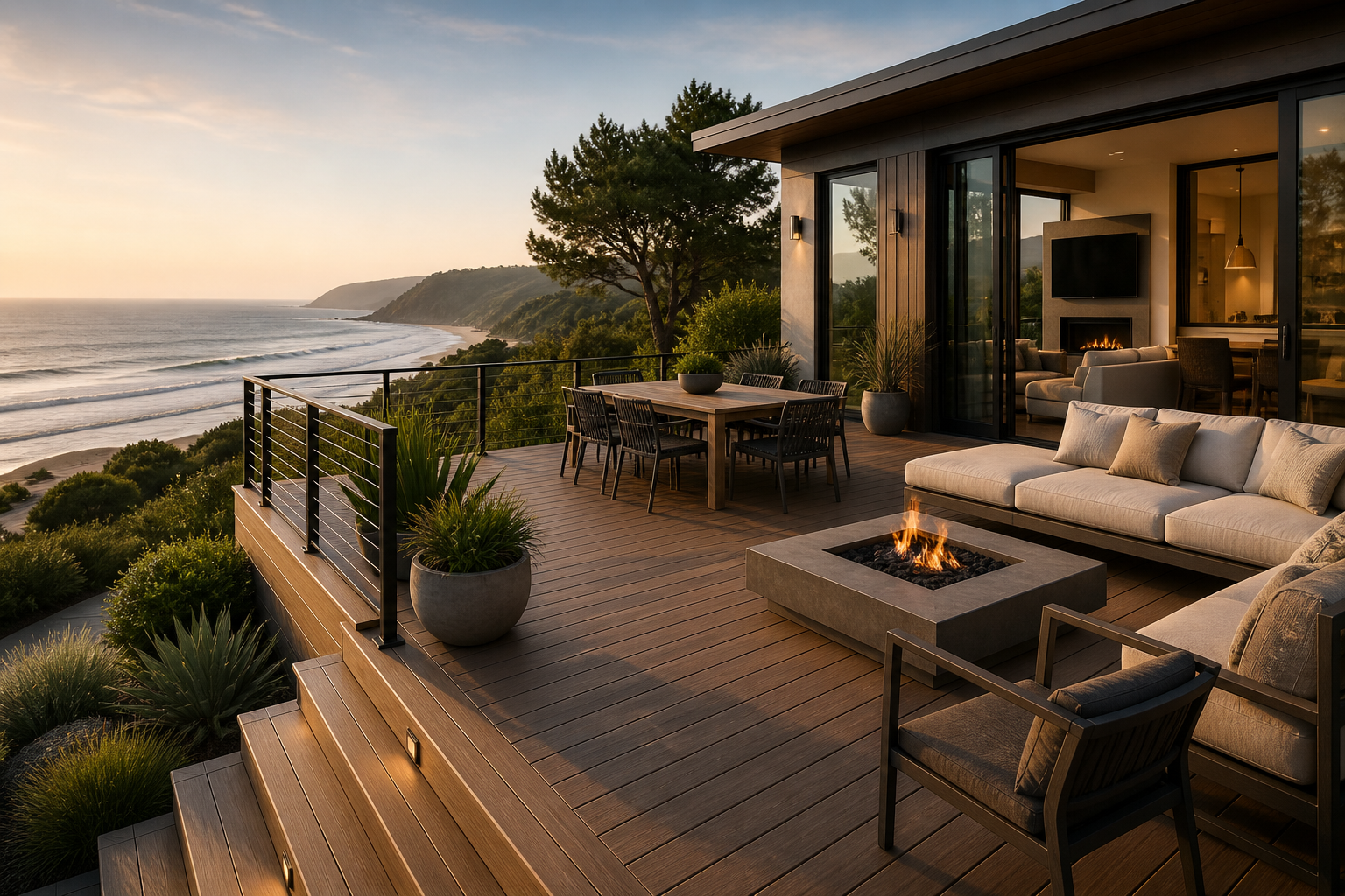 A spacious outdoor wooden deck with a modern firepit, outdoor seating, and potted plants, overlooking a scenic coastline at sunset.