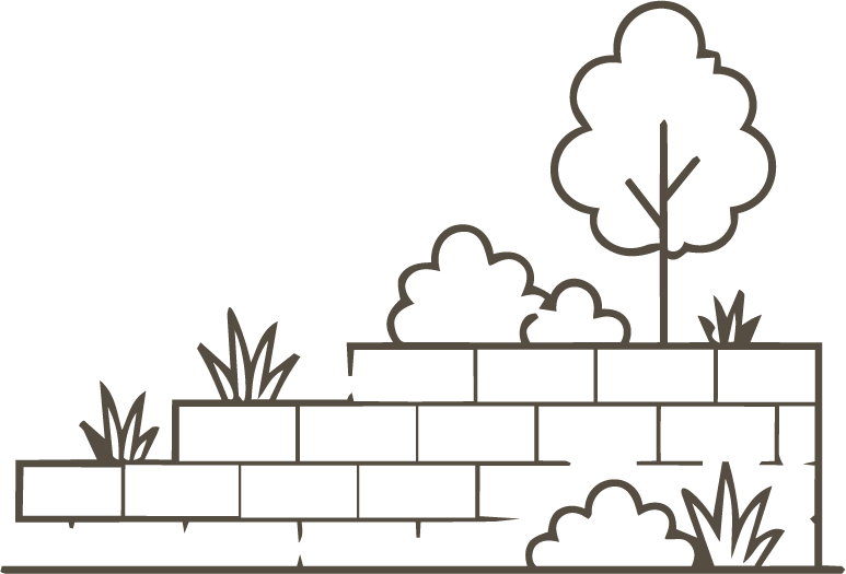 Line drawing of a garden with plants, shrubs, and a tree on a brick wall or steps background.