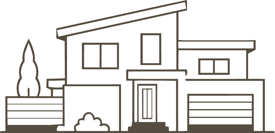 Outline drawing of a modern two-story house with a garage, a front door, and a tree on the left side.