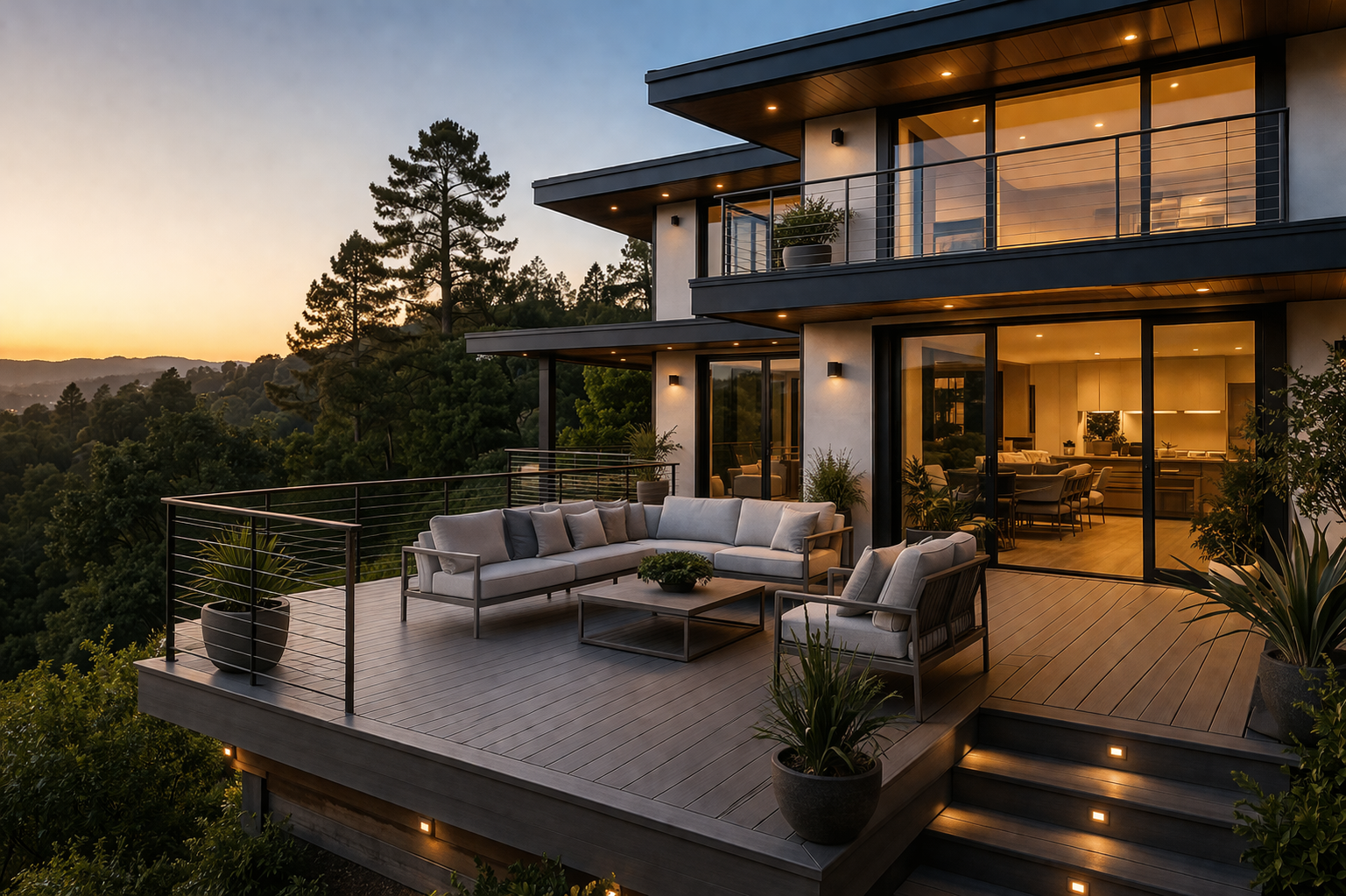 Luxury modern house with large outdoor deck, outdoor seating, and view of trees at sunset.