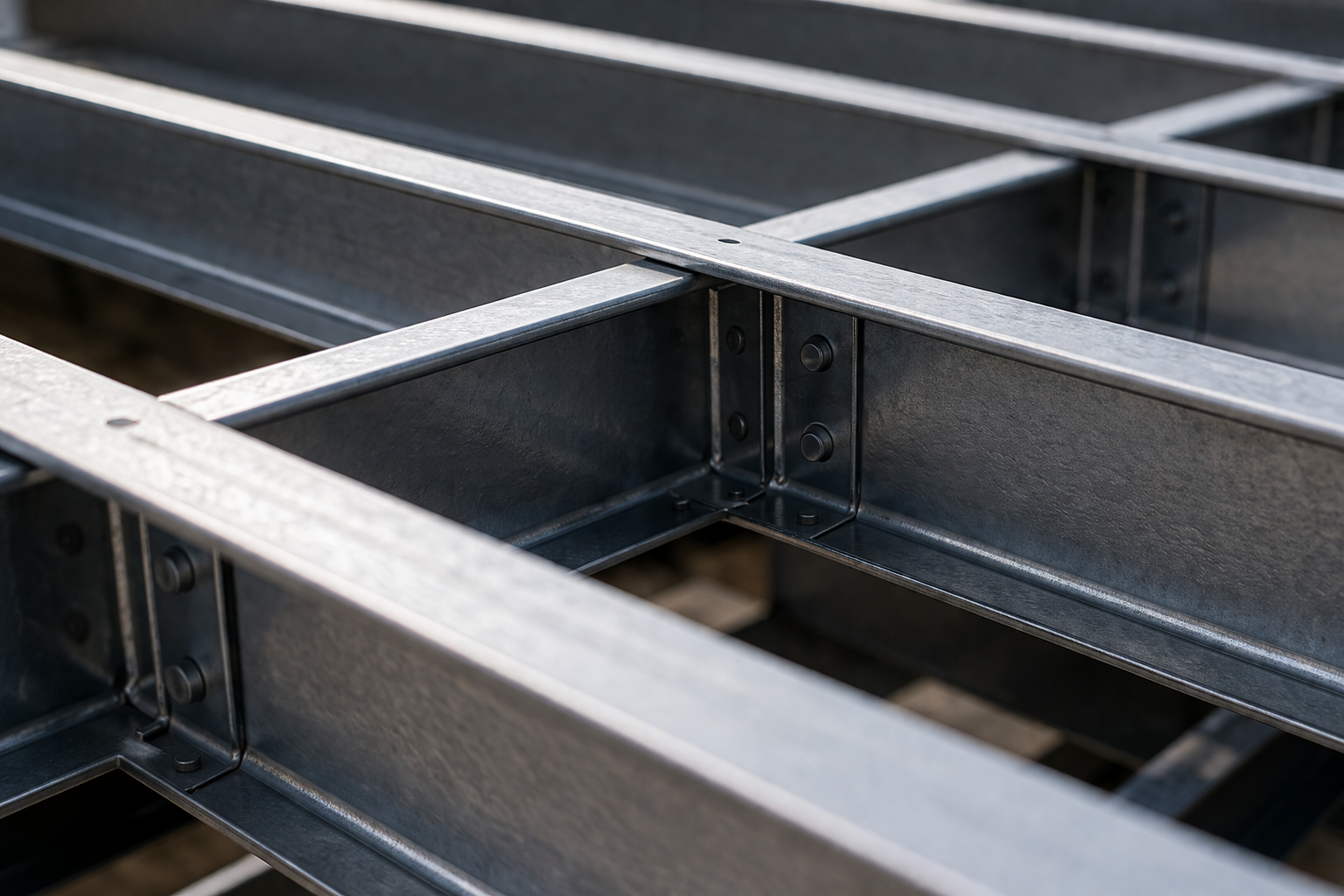 Close-up of metal framing or support structure with bolts and brackets.