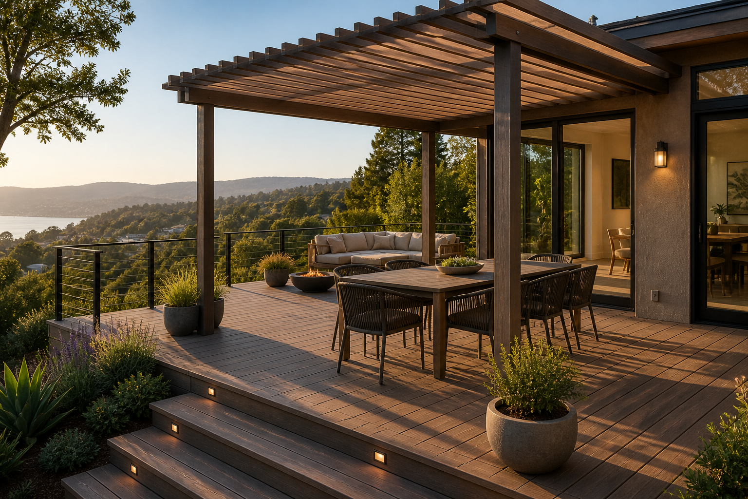 Outdoor wooden deck with seating area, outdoor fireplace, and potted plants, overlooking a scenic landscape with hills and a body of water in the background at sunset.