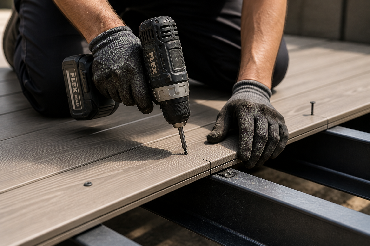 Person installing deck boards using a cordless drill on a wooden deck.