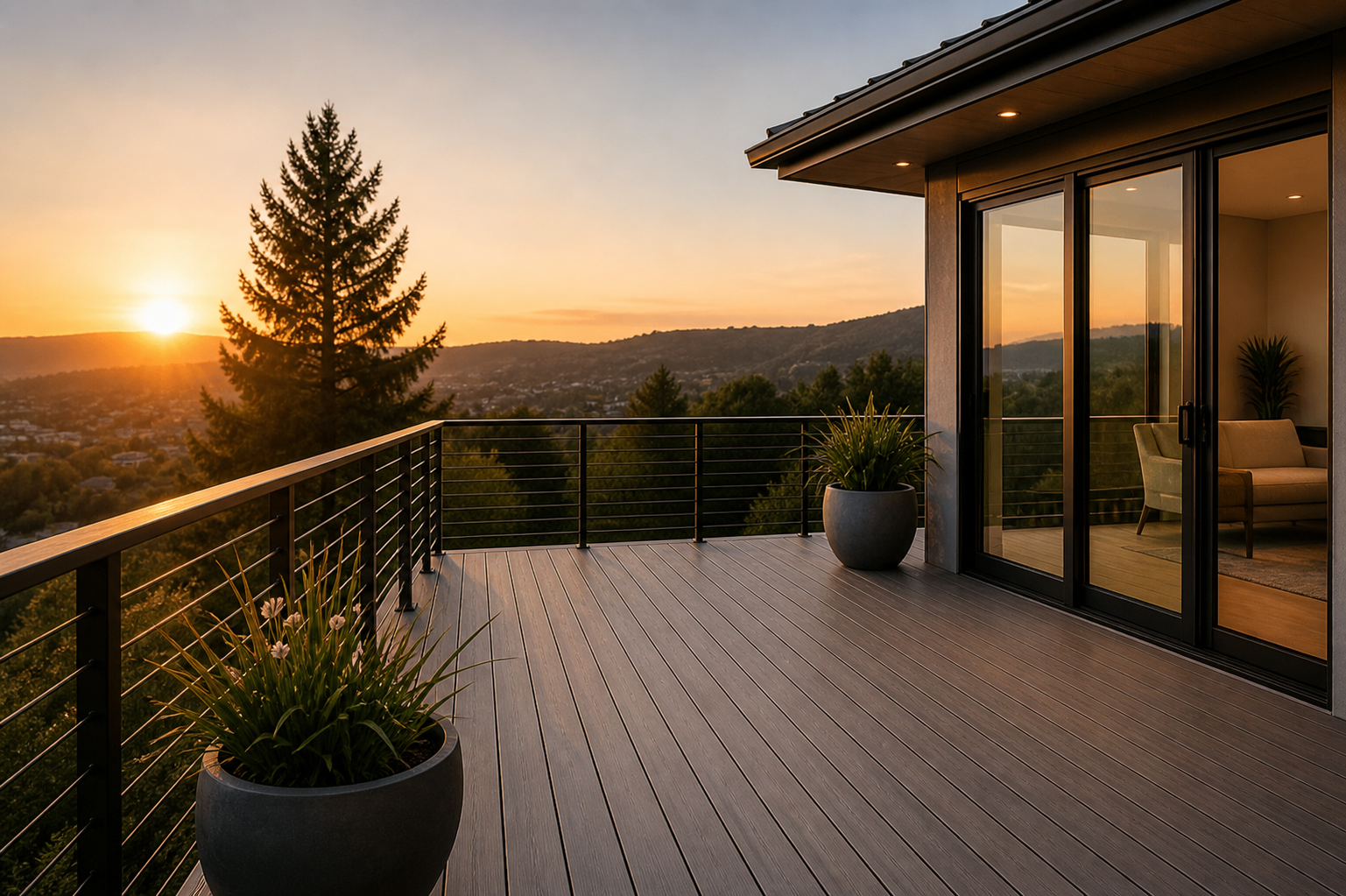 Modern balcony at sunset with wooden flooring, potted plants, glass sliding doors showing interior living space, overlooking hilly landscape with trees.