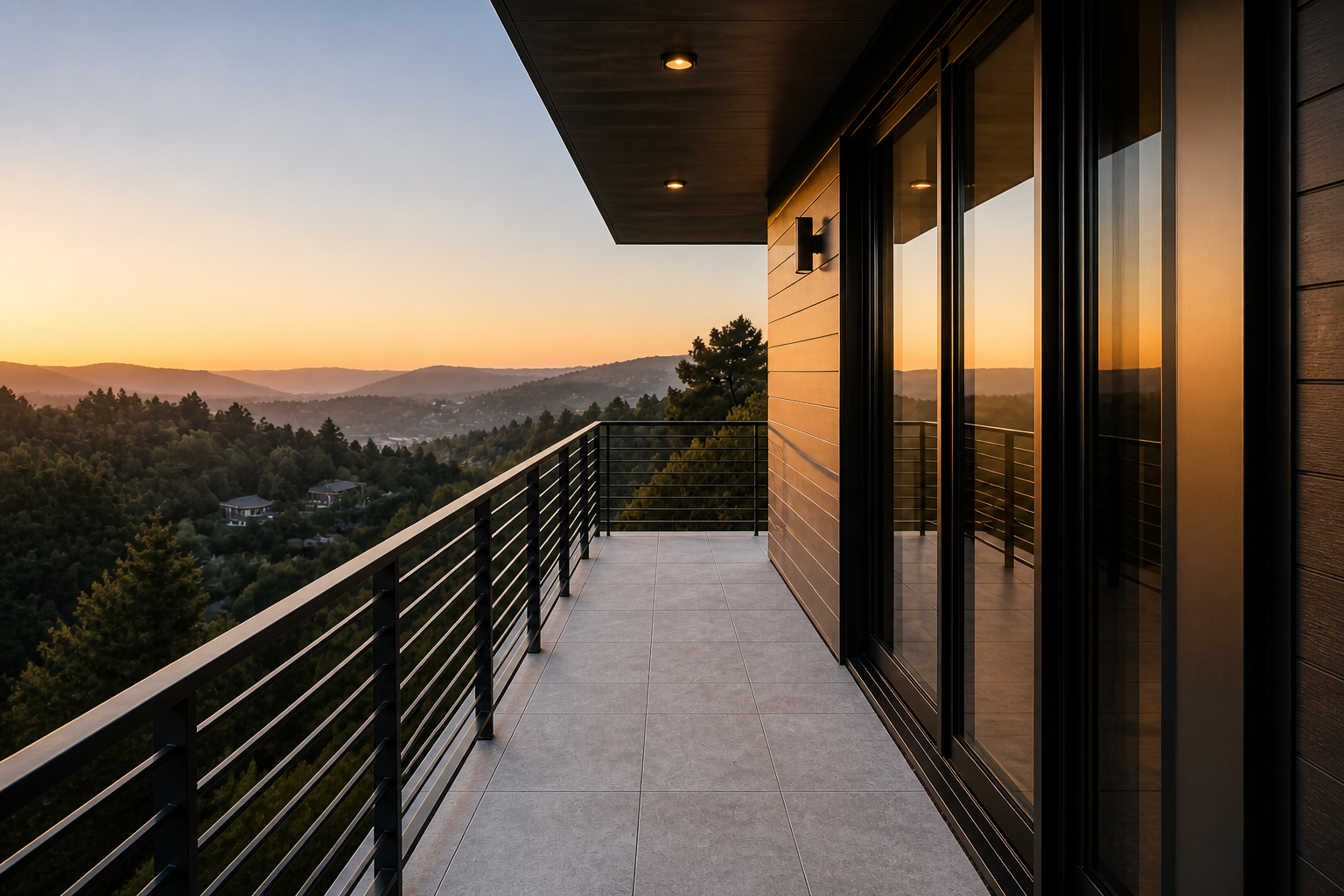 Modern balcony with glass sliding doors, overlooking a scenic mountain landscape during sunset.