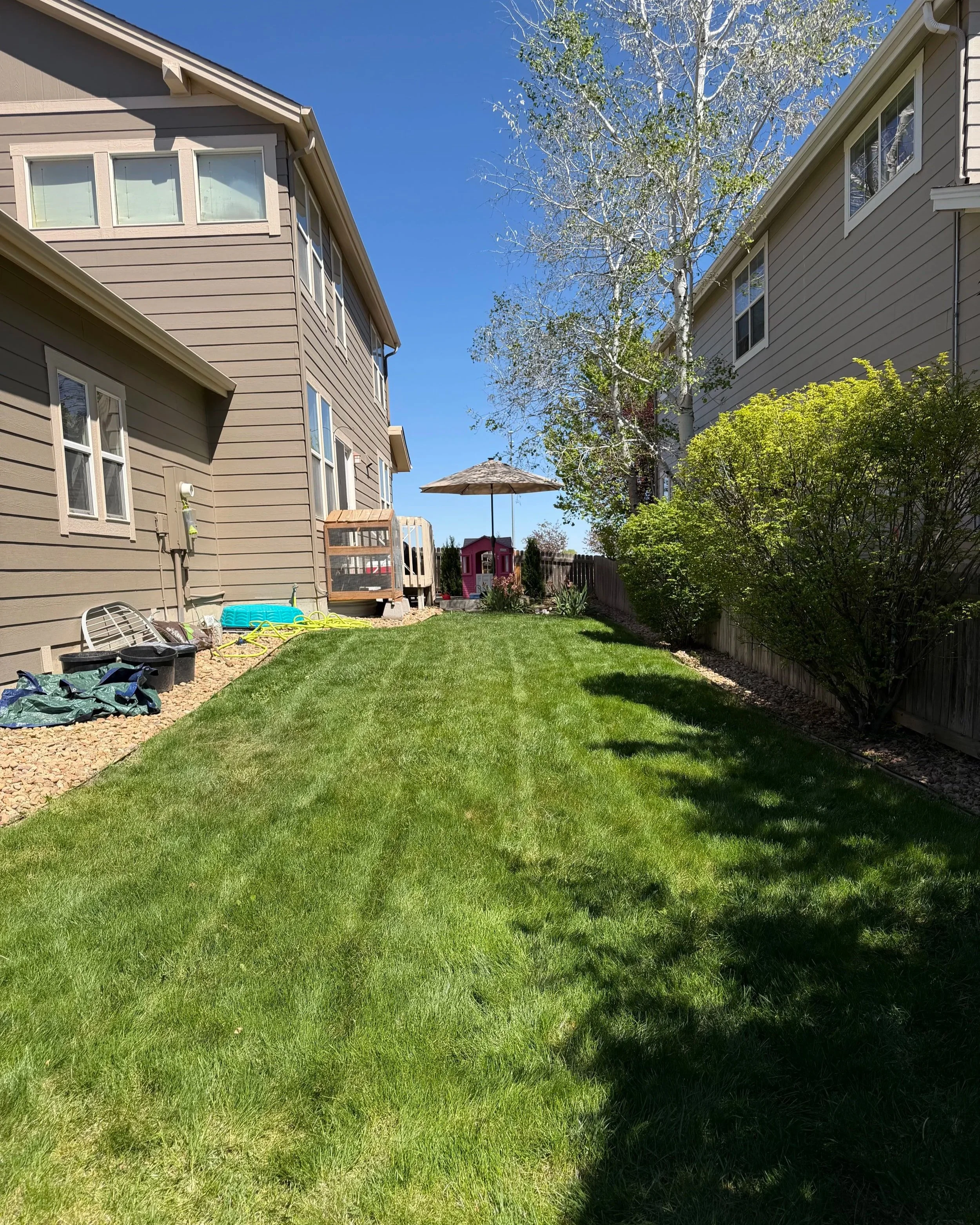 Overgrown grass was mowed and cleaned up for a sharper, more maintained backyard appearance.
