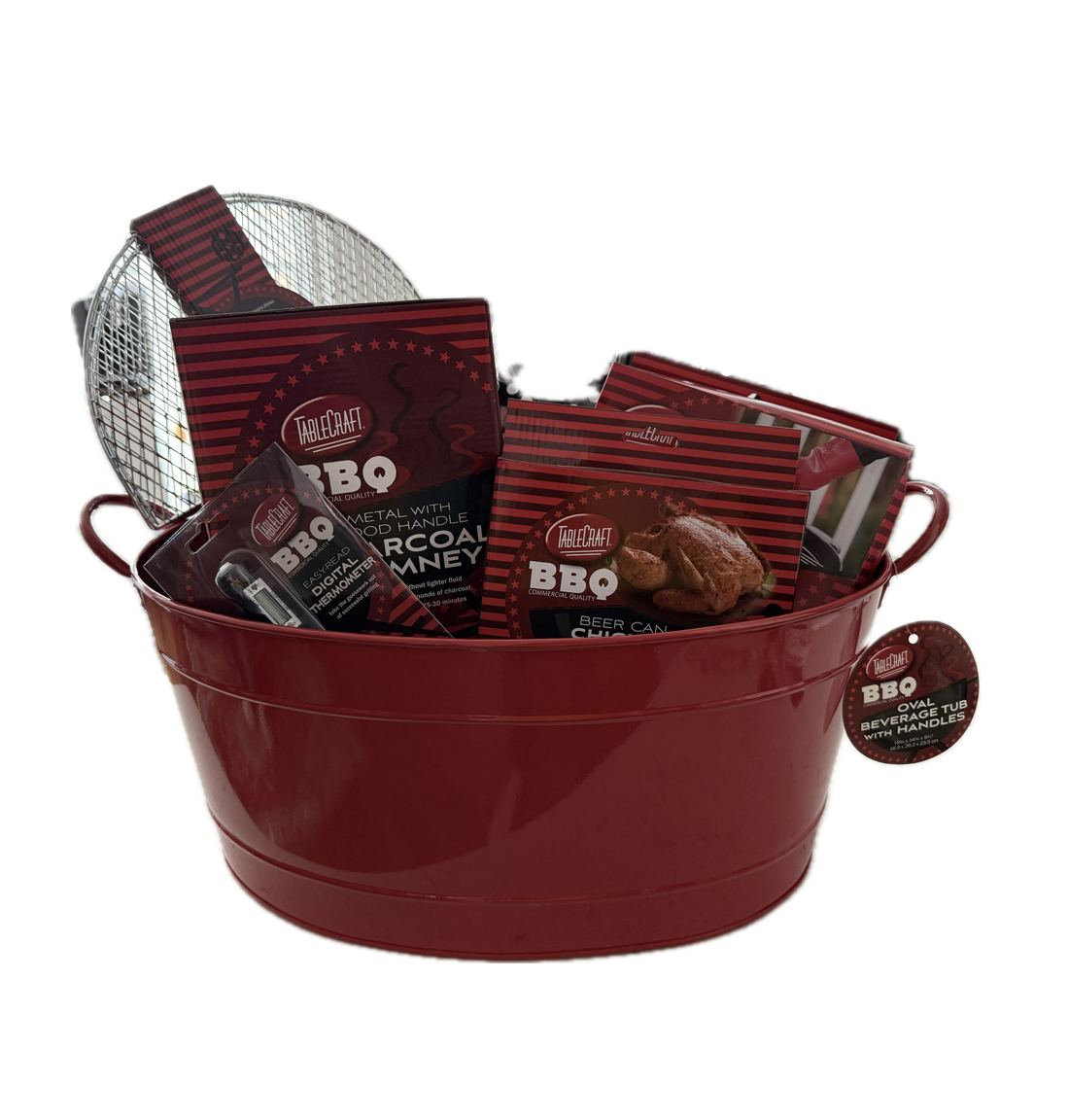Tablecraft Grill set: Beer Can Chicken Roaster, Easy Read Digital Thermometer, Charcoal Chimney, Silicone Grilling Gloves, Red Beverage Tub, estimated value $175