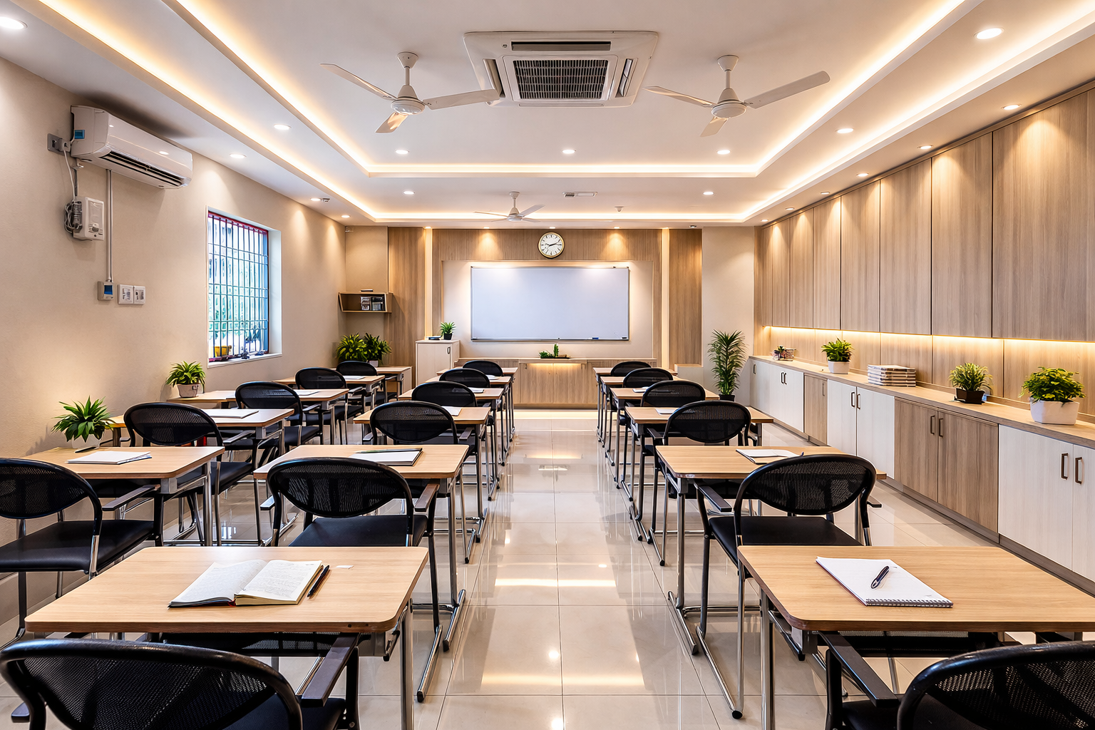 Empty classroom with desks, chairs, a whiteboard, and potted plants, illuminated by ceiling lights.