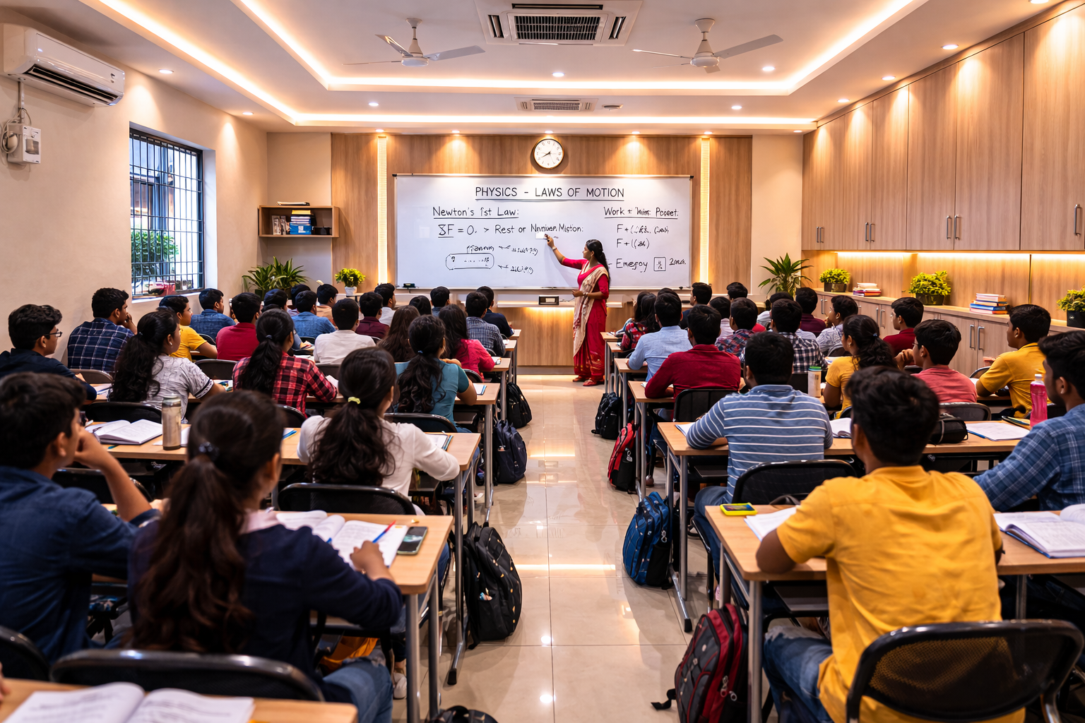 A classroom with students attentively listening to a teacher writing on a whiteboard that has physics notes on laws of motion.