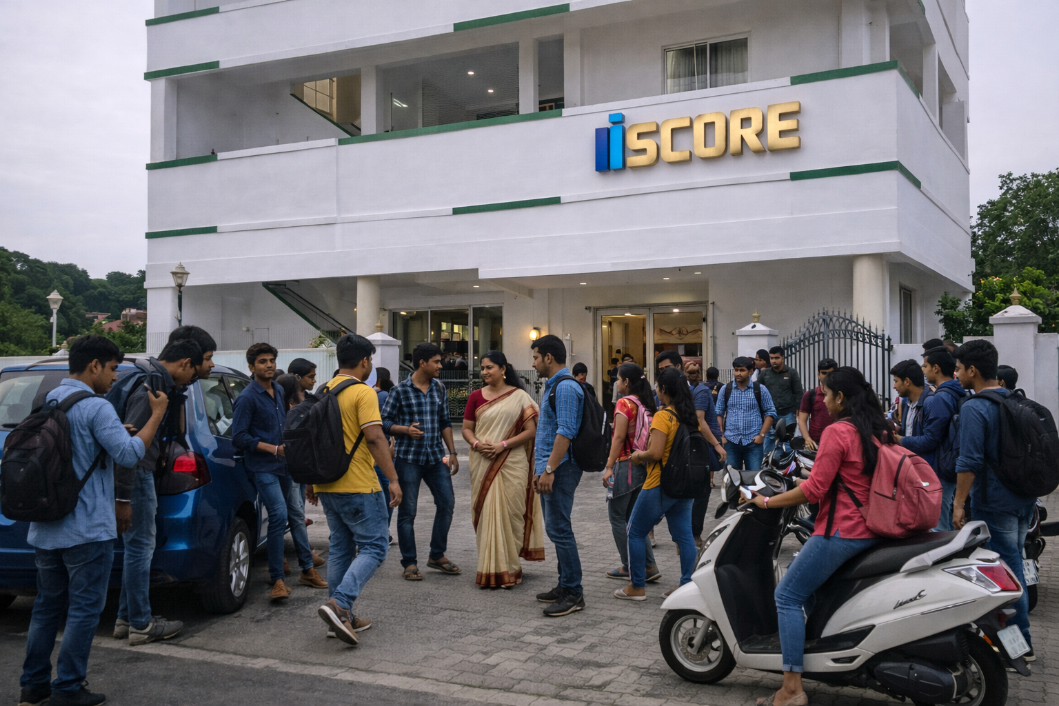 Group of students gathered outside an office building with a sign that reads 'iSCORE' on the second floor.