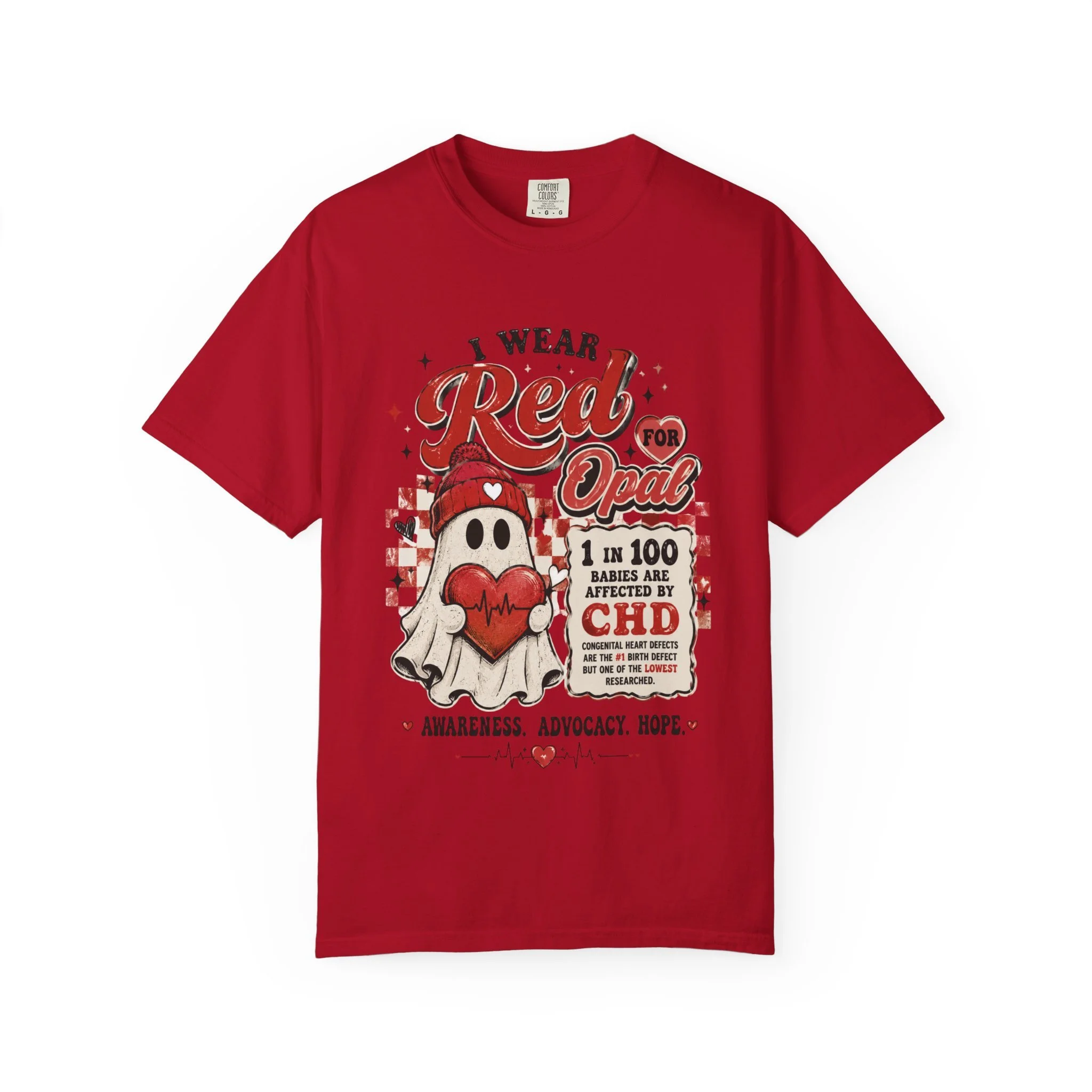 Soft, lived-in comfort meets heartfelt advocacy. This heavyweight garment-dyed tee carries a warm, vintage texture and a bold red-opal design that reads like a friendly banner for congenital heart defect (CHD) awareness. The illustration — a sweet gh