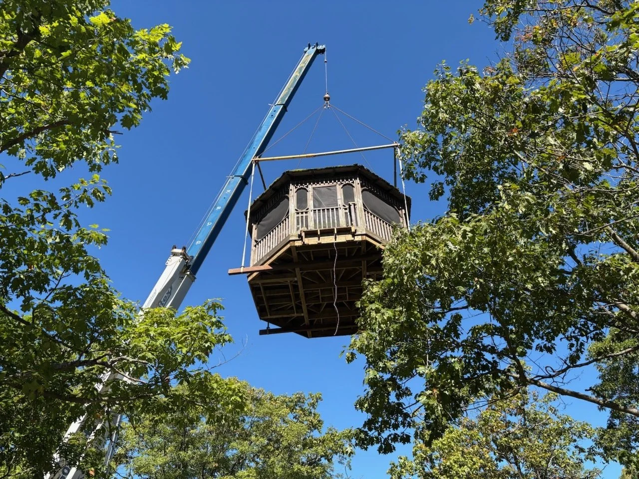 A crane lifting a wooden treehouse with a wraparound porch among leafy green trees against a clear blue sky