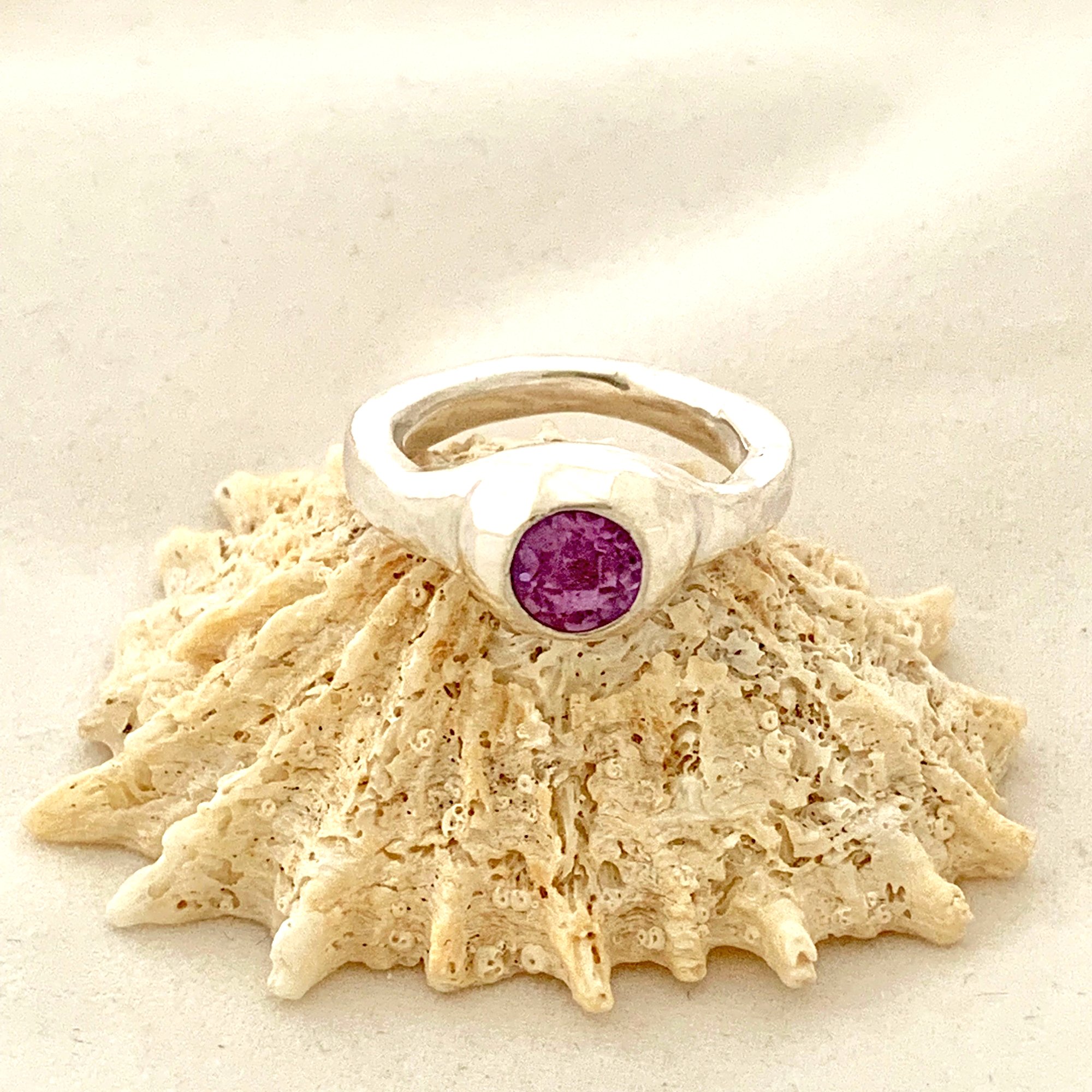 Materials: Sterling Silver, Faceted Amethyst. Dimensions:  "Size 7."  Availability: "Private Collection."