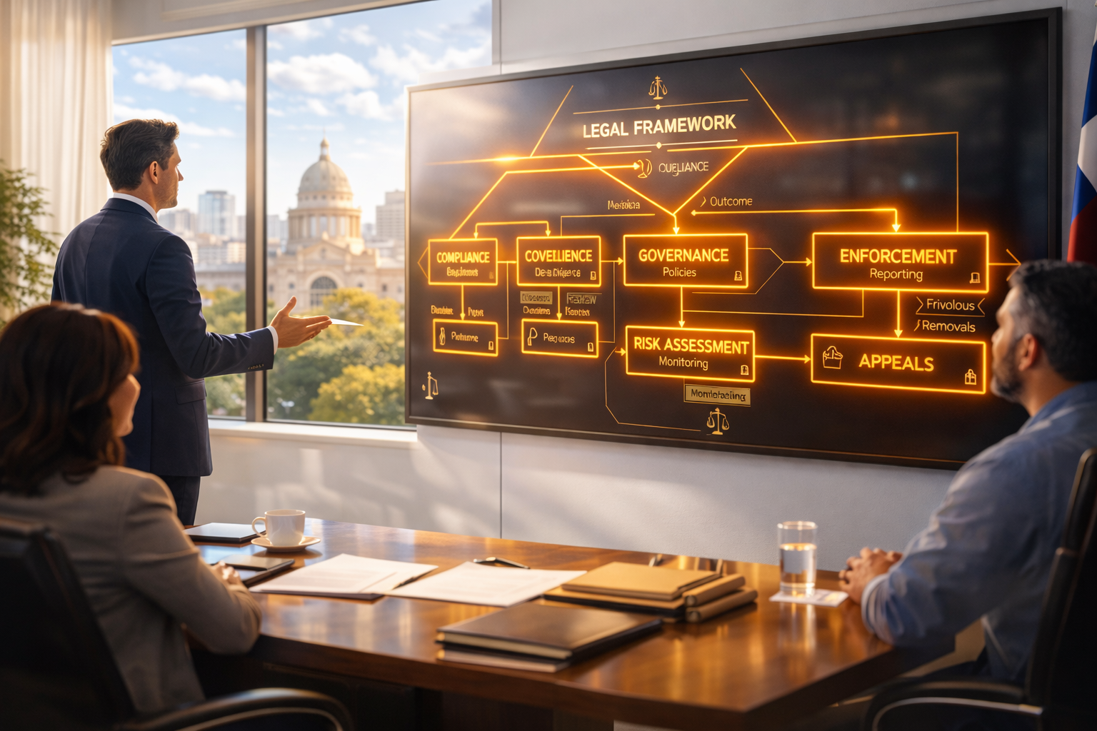 Business meeting in a conference room with a large screen displaying a flowchart of legal framework concepts, including compliance, governance, enforcement, and appeals, with a city skyline visible through the windows.
