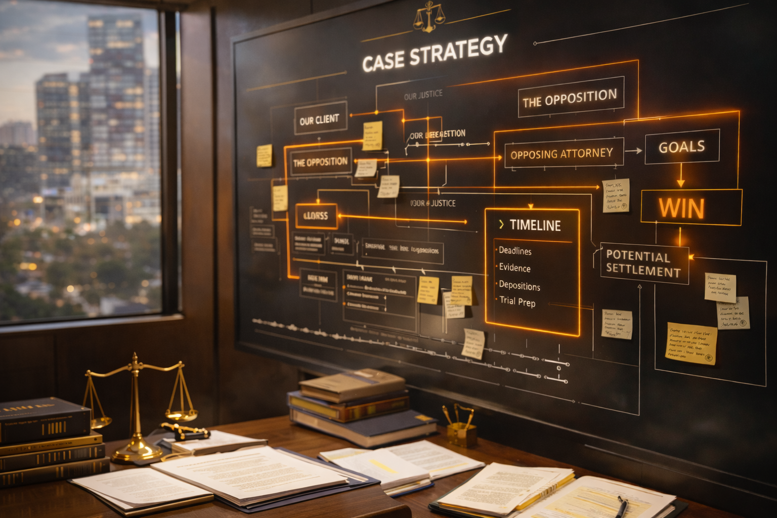 A detailed case strategy flowchart on a blackboard with yellow and orange highlights, showing stages from client consultation to win and settlement, with sticky notes attached. There are legal books, documents, and a golden scale on the desk below, and a cityscape visible through a window.