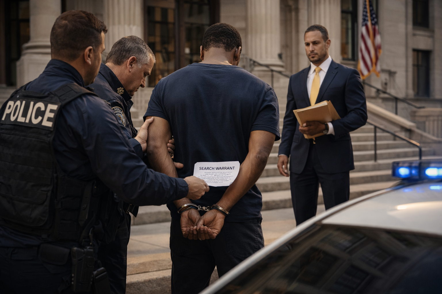 A person in handcuffs is being searched by police officers in front of a courthouse. There is a lawyer or official standing nearby with a file folder, and a police vehicle with flashing lights is visible in the foreground.