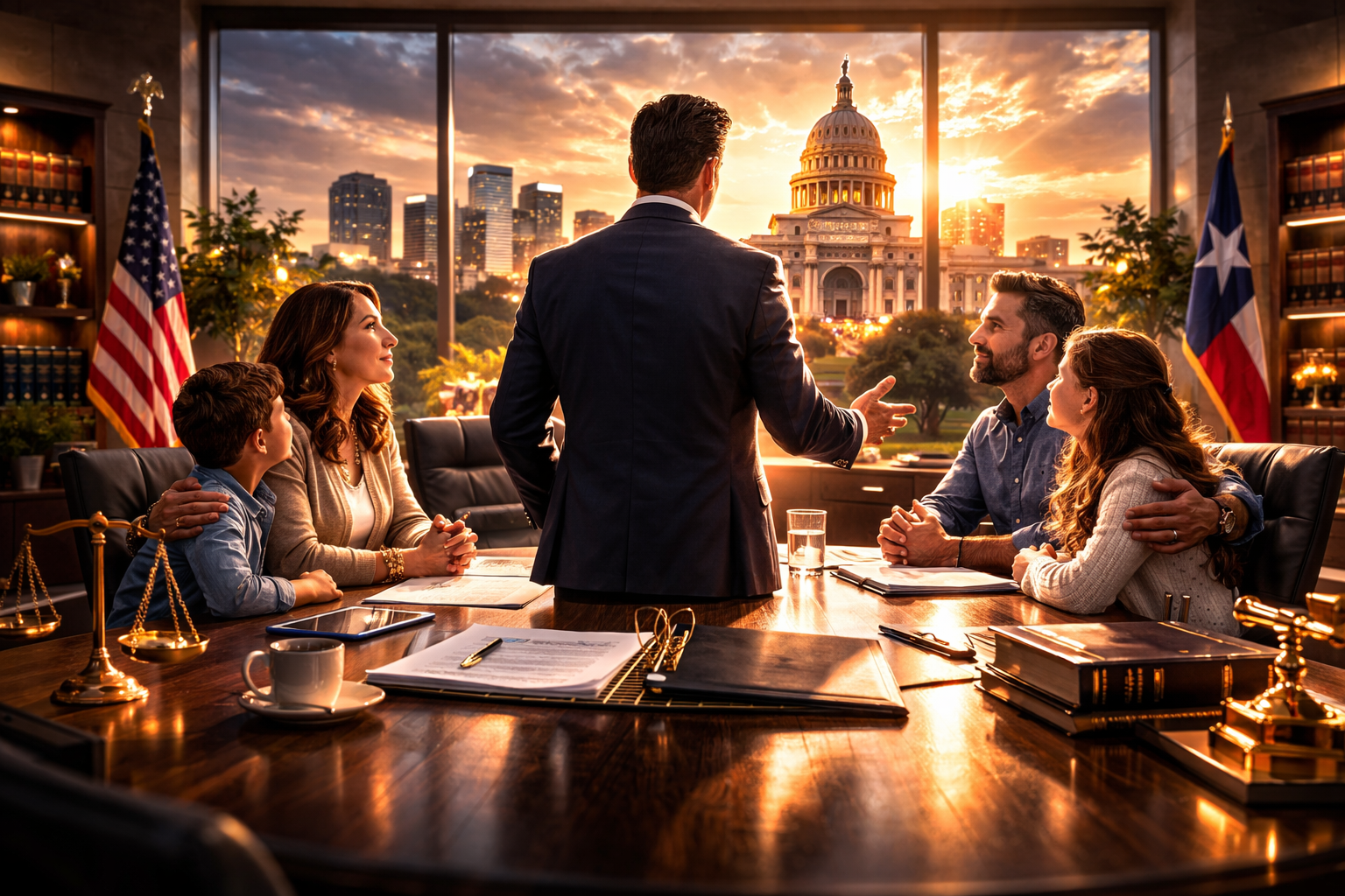 A group of five people having a meeting in a modern office with a large window showing the Capitol building and a sunset in Washington, D.C. Flags are displayed on either side of the window.