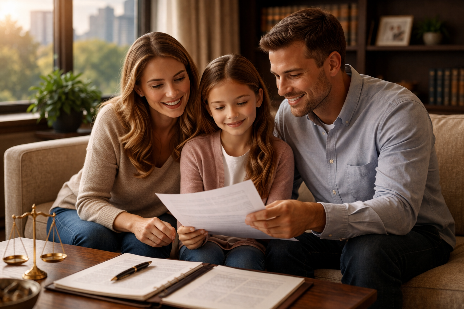 A family of three sitting on a sofa, looking at paperwork together and smiling.