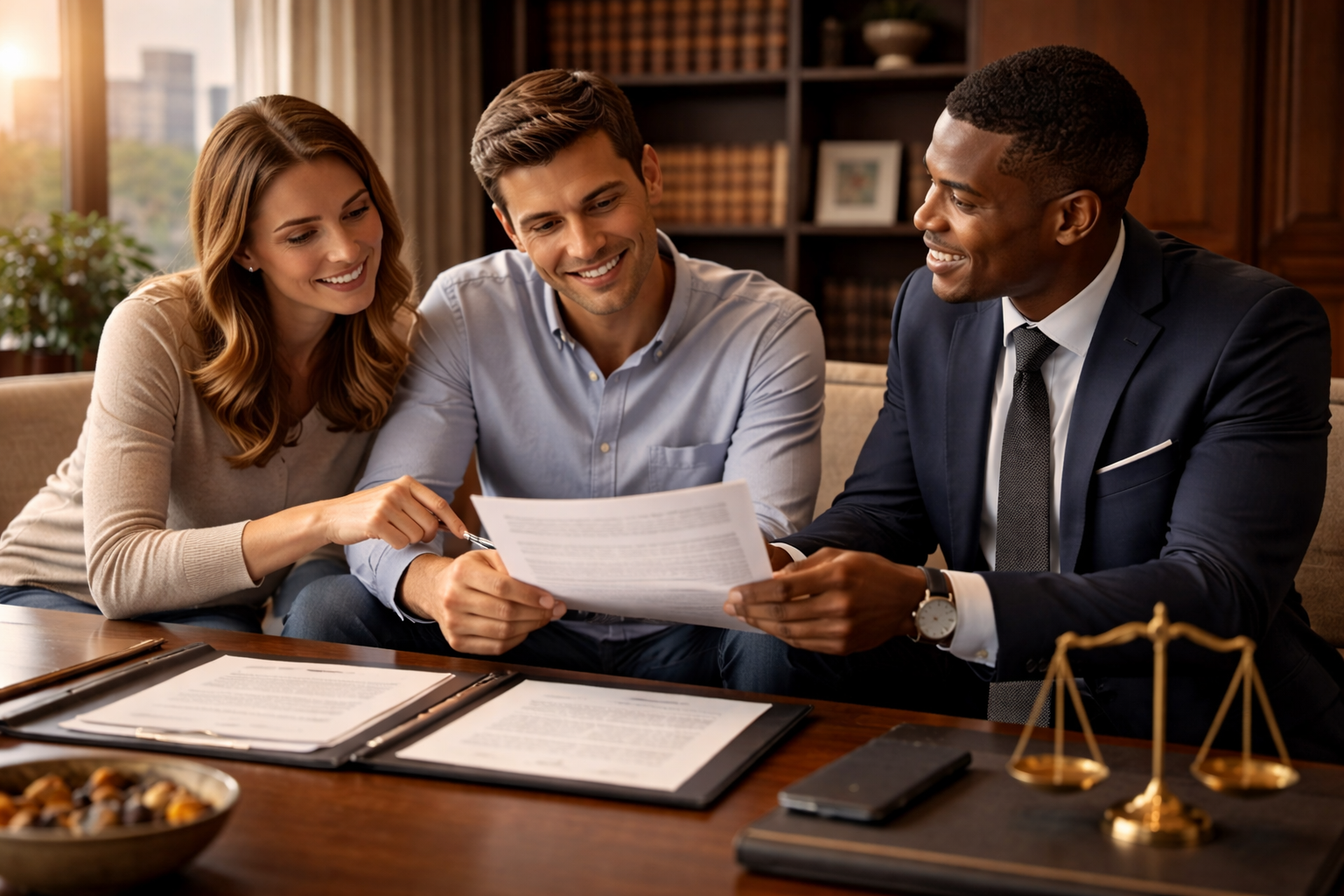 A man and woman sitting on a couch with a man in a suit, reviewing legal documents with scales of justice on the table, in a professional office setting.