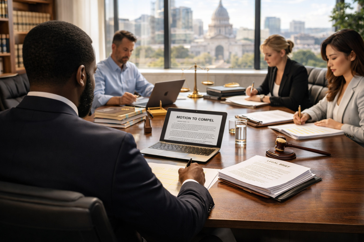 Business meeting in a conference room with four people, legal documents, laptop, gavel, and city view outside window.