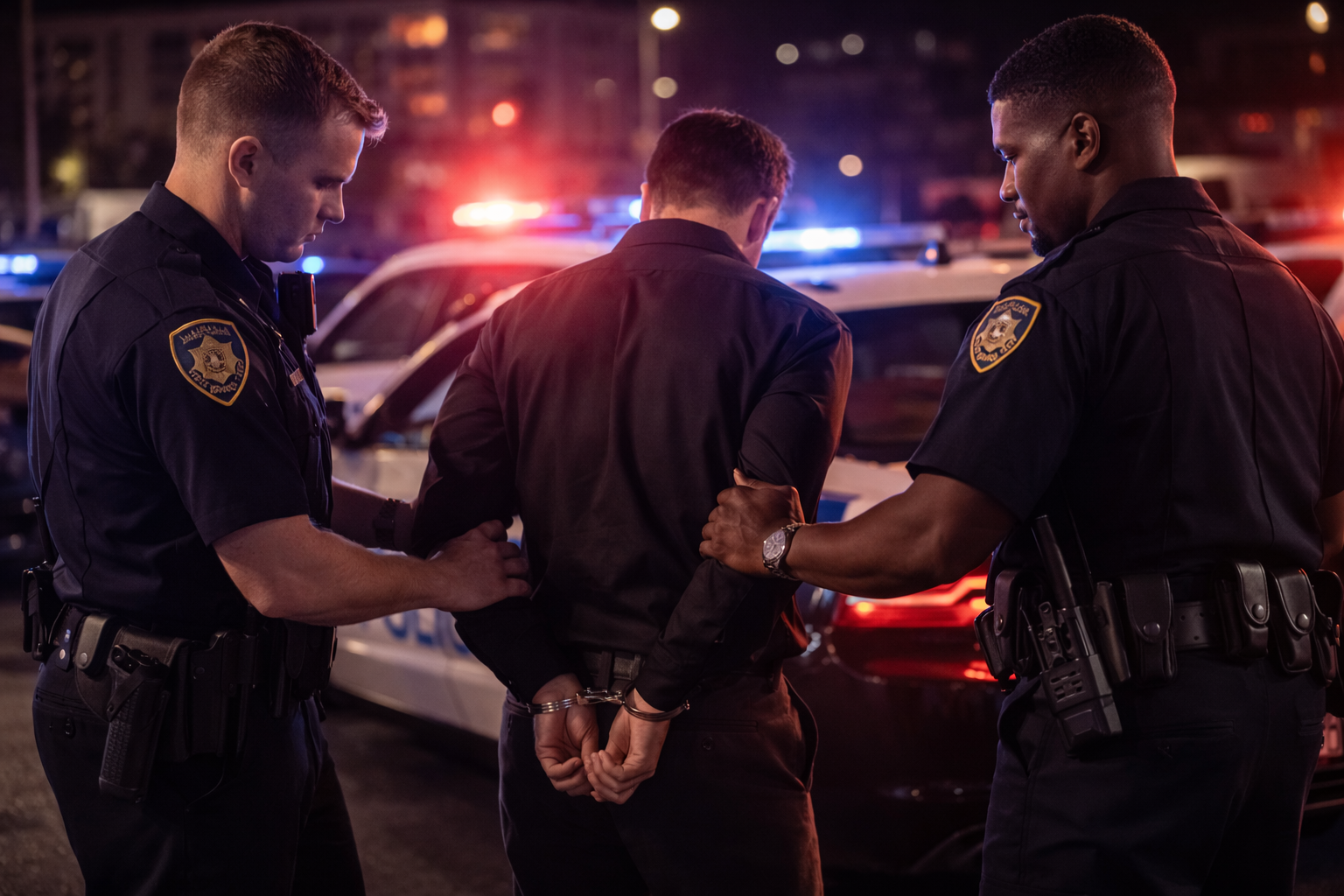 Two police officers handcuff a man during an arrest at night, with police cars and flashing lights in the background.