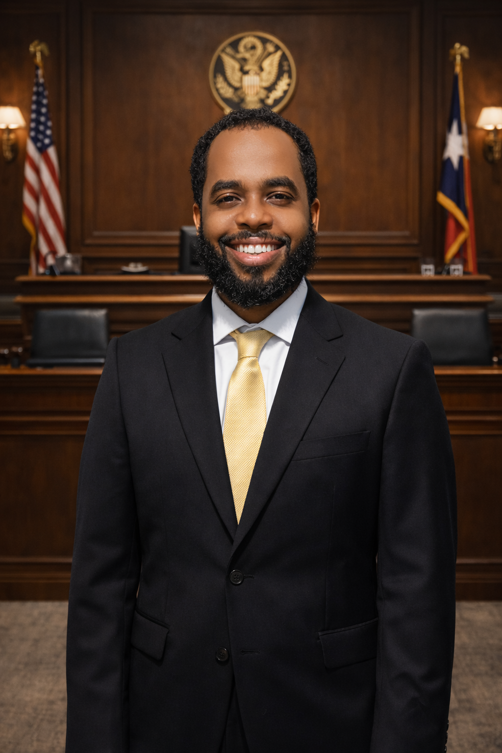 A smiling man in a black suit and yellow tie standing in a courtroom with wooden paneling, American flags, and a judge's bench in the background.