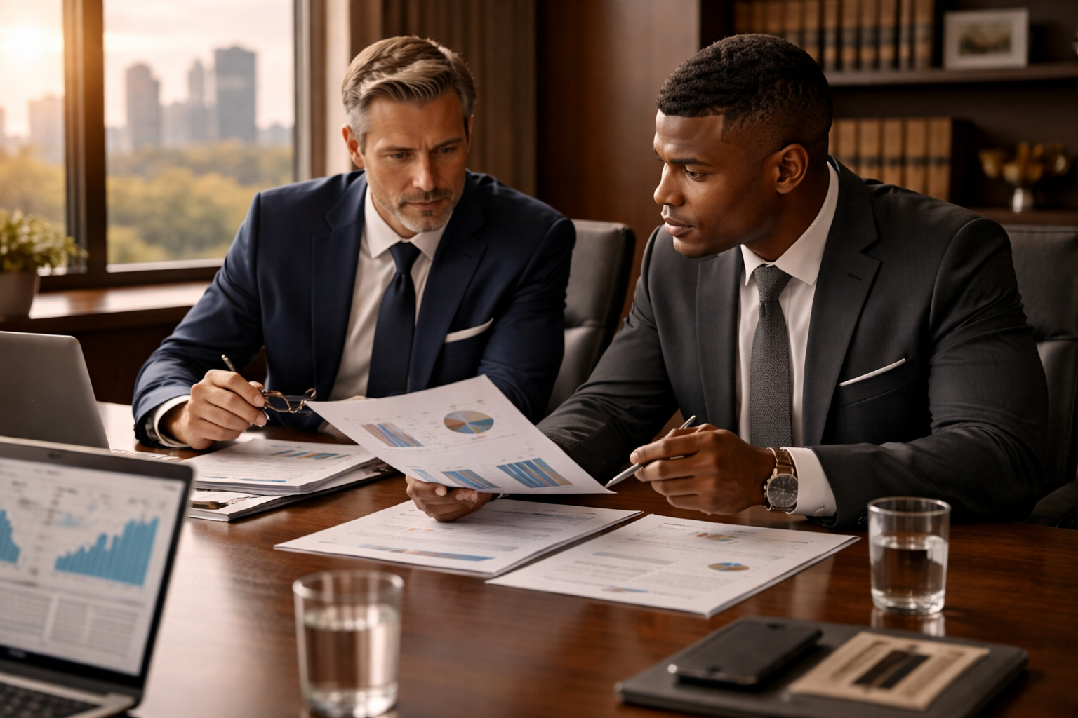 Two businessmen in suits having a serious discussion over financial paperwork at a conference table in an office with large windows showing city skyline.