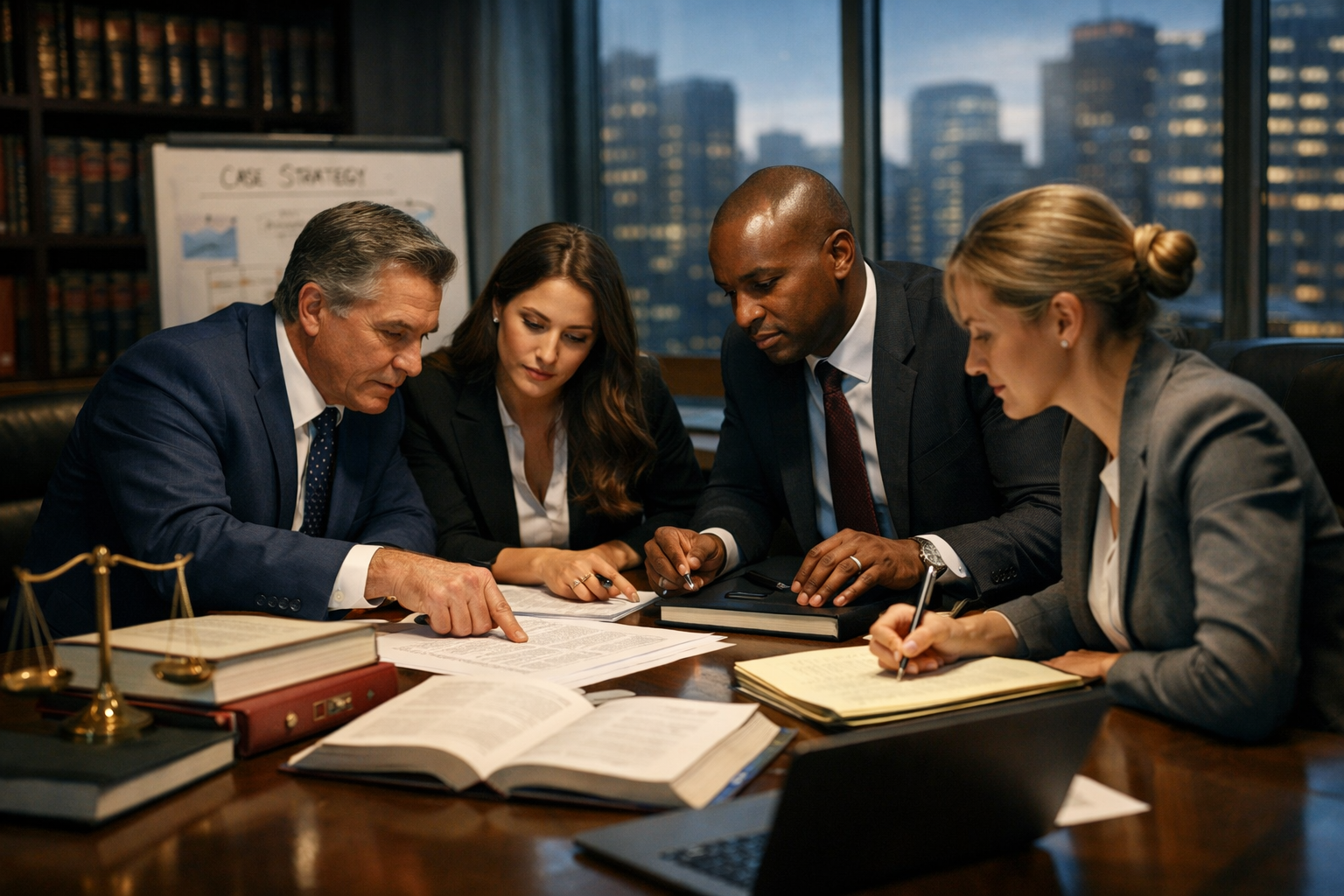Business professionals in formal attire engaged in a meeting around a table with documents in a high-rise office with city skyline view.