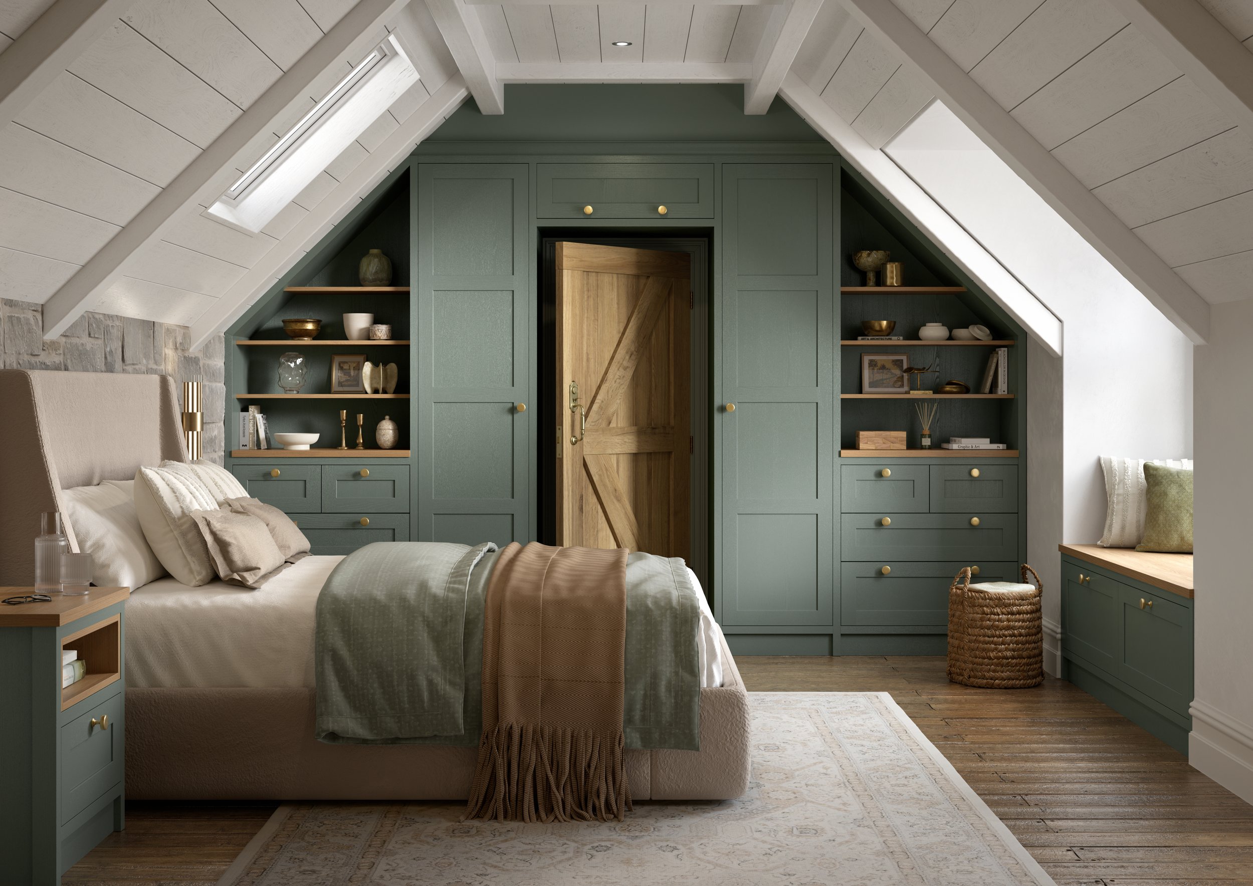 A bedroom with sloped ceiling, green built-in cabinets and shelves, wooden door, bed with beige headboard, pillows, and bedding, window skylights, area rug, wicker basket, and side table with decorative items.