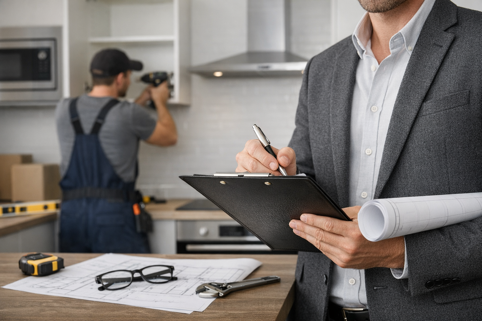 A man in a suit holding a clipboard and a rolled-up architectural blueprint, with inspection tools on a wooden table in a kitchen under construction. A worker in overalls using a drill is in the background.