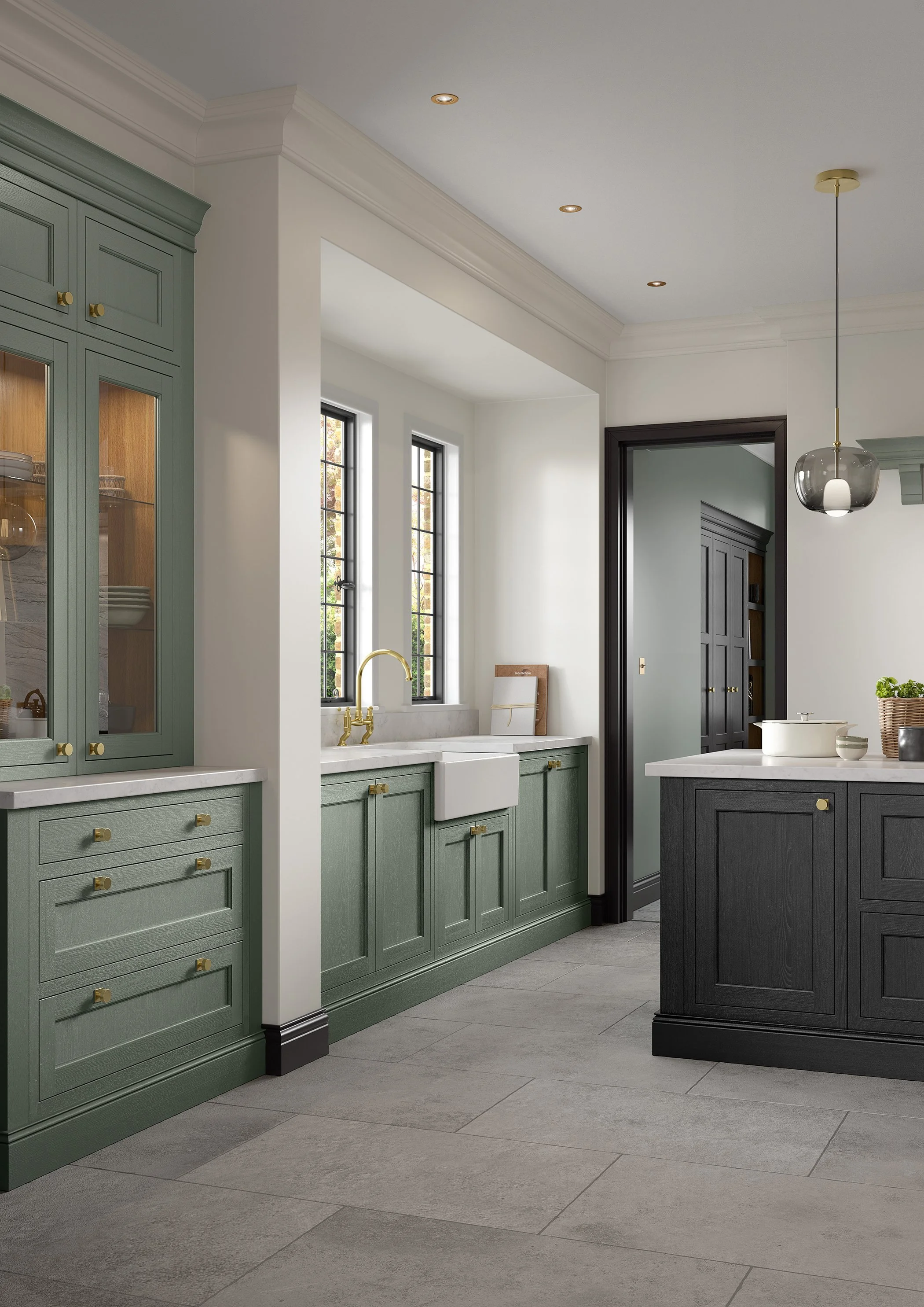 Modern kitchen with green and black cabinetry, white countertops, a farmhouse sink, large windows, and pendant lighting.