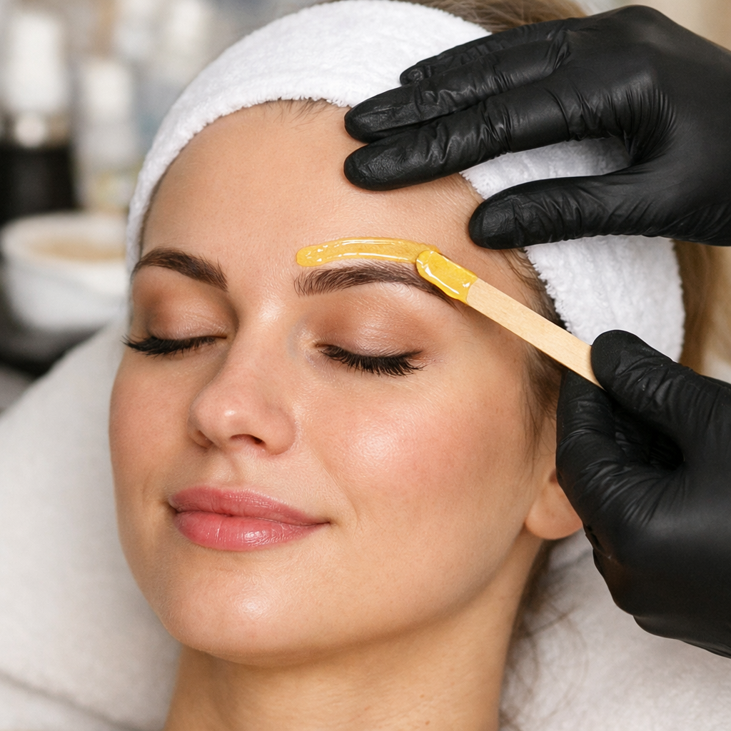 A woman receiving a brow waxing treatment, with her eyes closed and a smile, while a technician applies wax to her eyebrows with a wooden spatula. The woman has a white headband and a towel around her head.