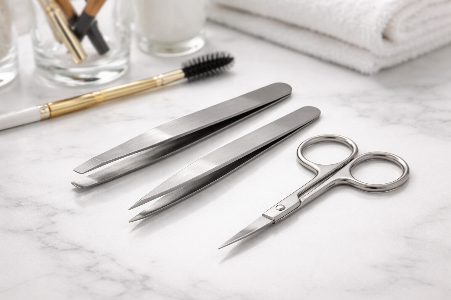 eyebrow grooming tools including tweezer, cuticle scissors, and a brow brush a white marble surface, with a glass of cotton swabs and a folded towel in the background.