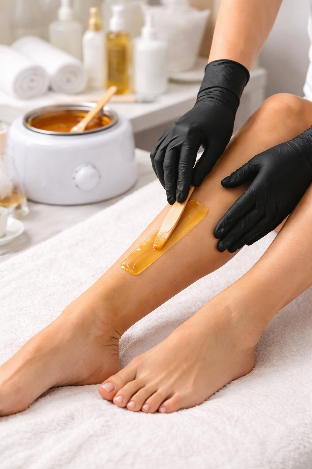 A person is waxing their leg at a spa, with a technician applying warm wax to the leg and smoothing it with a wooden spatula, surrounded by spa supplies.