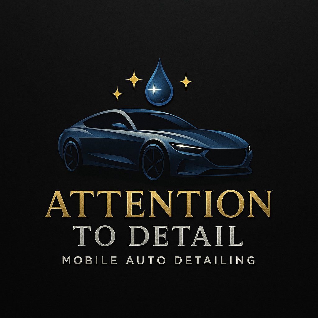 A logo for a mobile auto detailing service featuring a sleek blue car with a water droplet and sparkles above it, and the text "Attention to Detail" in gold and silver letters along with "Mobile Auto Detailing" underneath.