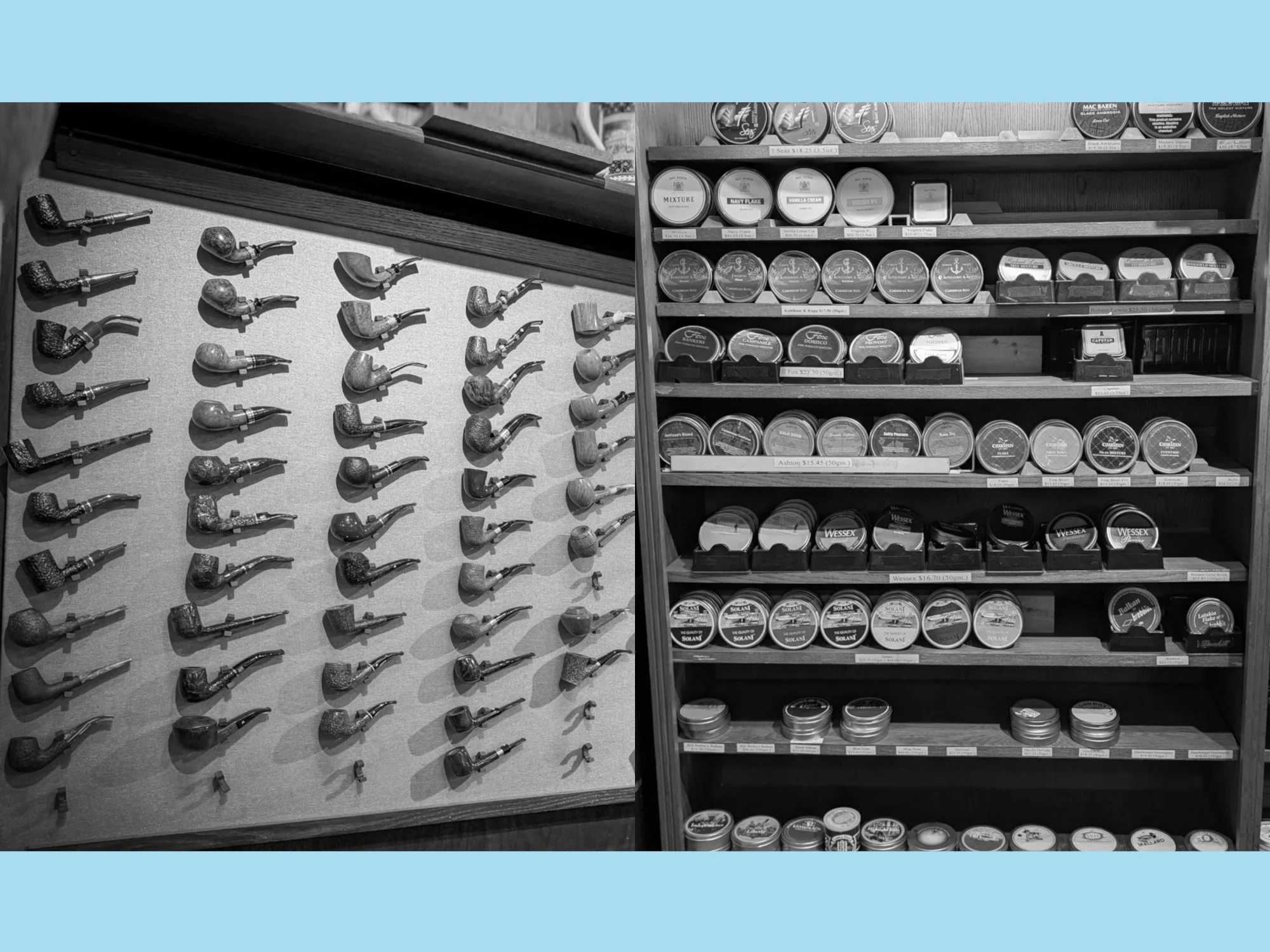 Display of various smoking pipes on a wall pegboard on the left and shelves of tins of tobacco on the right.