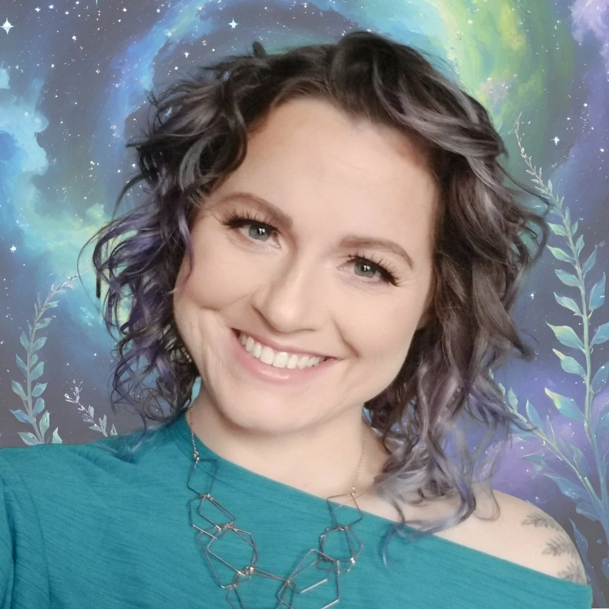 A woman with curly, shoulder-length hair, smiling, wearing a teal top and a hexagonal necklace, with a colorful cosmic background that includes stars, nebulae, and leafy illustrations.