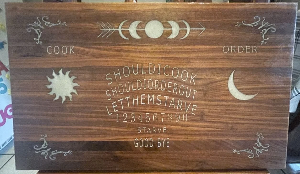 Walnut Ouija Cutting Board

It&rsquo;s never to early for spooky season. Customer requested an Ouija themed cutting board.Ended up going with some beautiful Walnut lumber. Used a CNC to carved a custom design and filled with a pearly white epoxy. 

S