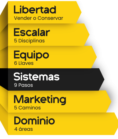Los 6 Pasos para el crecimiento empresarial: Dominio, Marketing, Sistemas, Equipo, Escalar y Libertad.