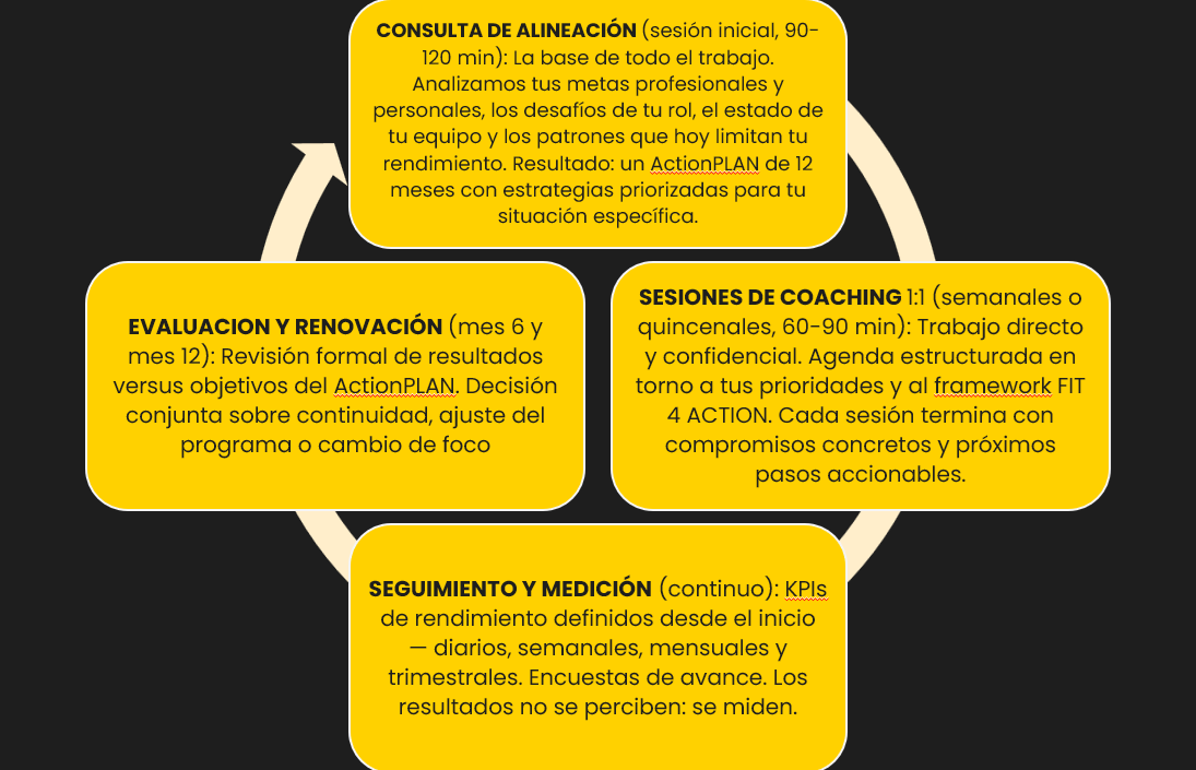Proceso de Coaching ActionCOACH: Consulta de alineación, sesiones estratégicas y medición de resultados en Chile.