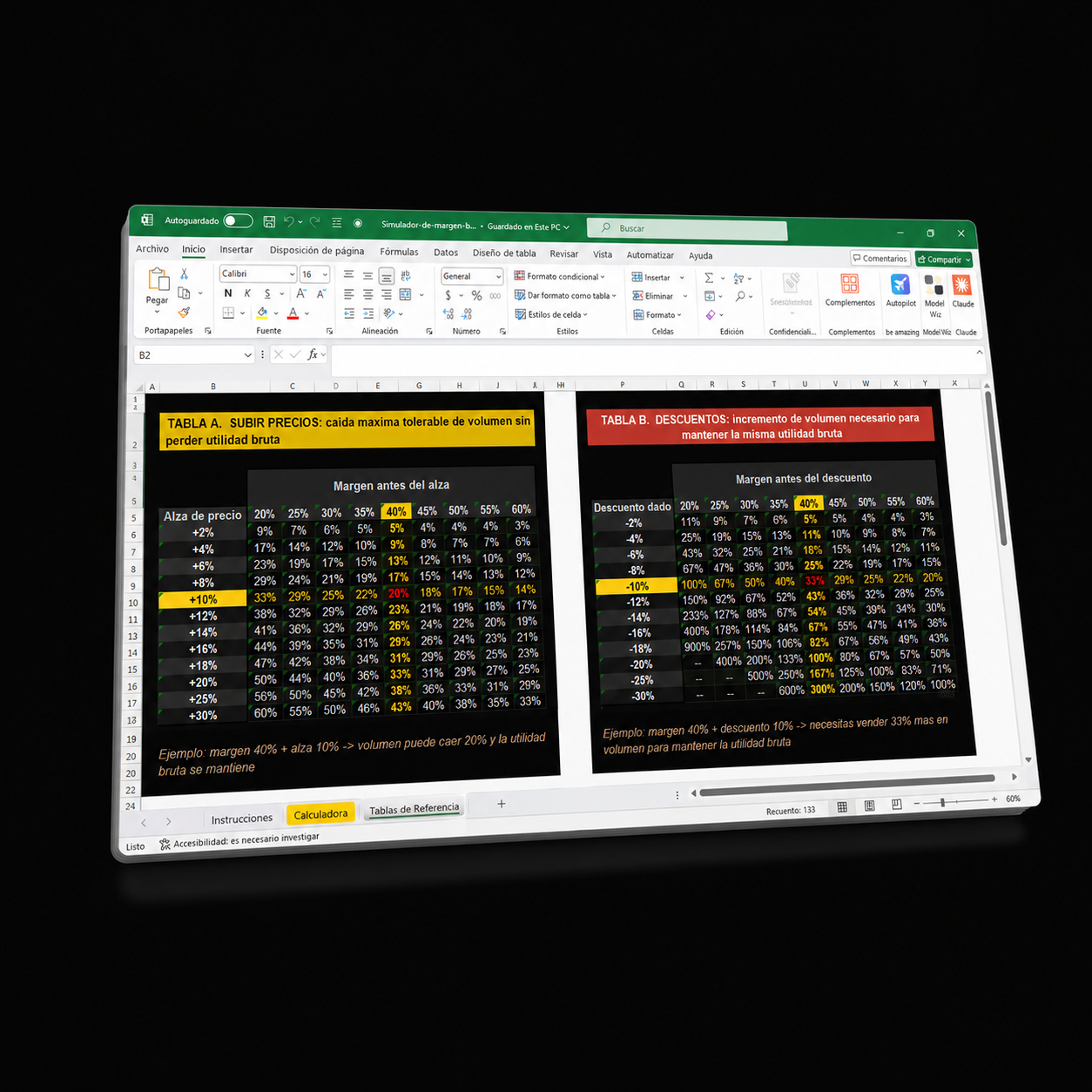 Recurso descargable. Planilla Excel con tabla de impacto en margen para cada rango de descuento porcentual dado.